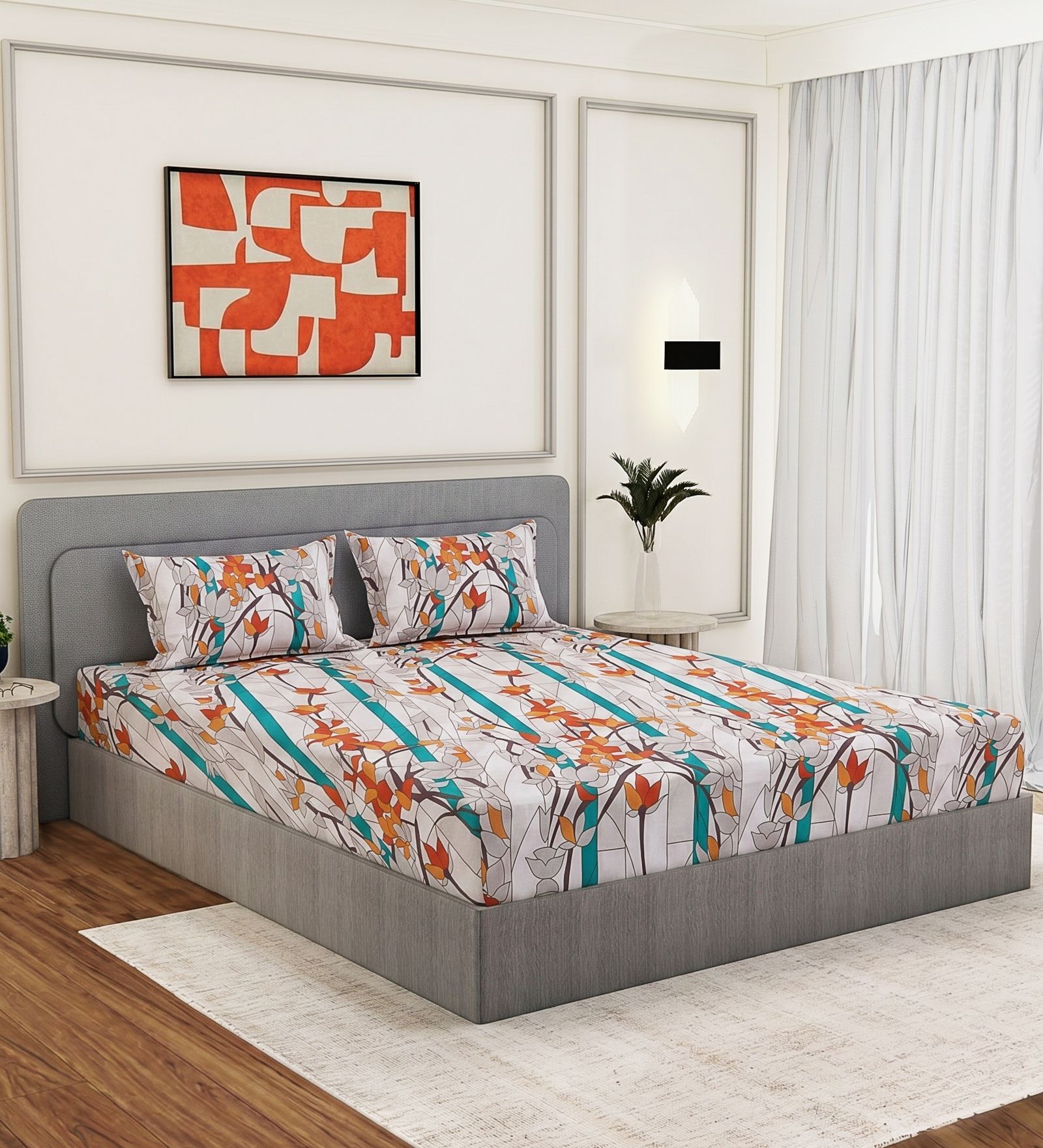 Blue Floral 144 TC Cotton Fitted King Sized Bedsheet With 2 Pillow Covers