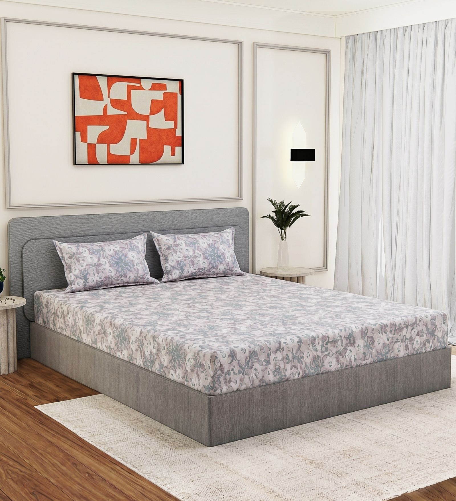 Grey Floral 144 TC Cotton Fitted King Sized Bedsheet With 2 Pillow Covers