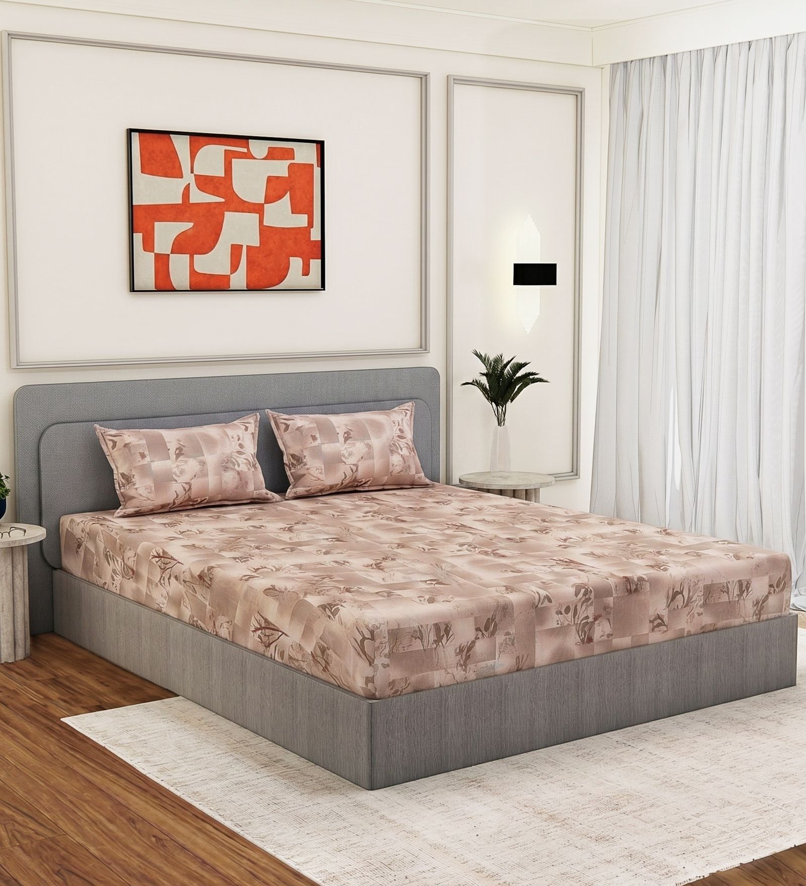 Brown Ptachwork 144 TC Cotton Fitted King Sized Bedsheet With 2 Pillow Covers