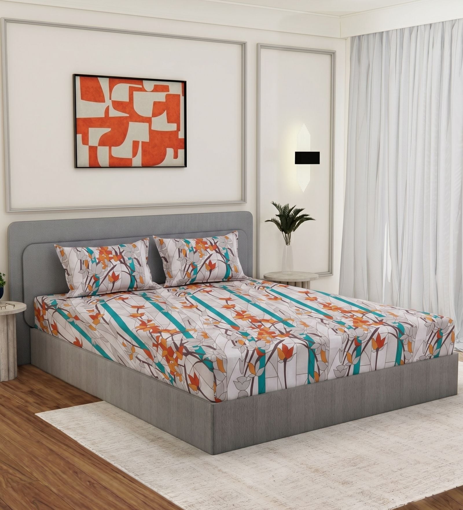Blue Floral 144 TC Cotton King Sized Bedsheet With 2 Pillow Covers