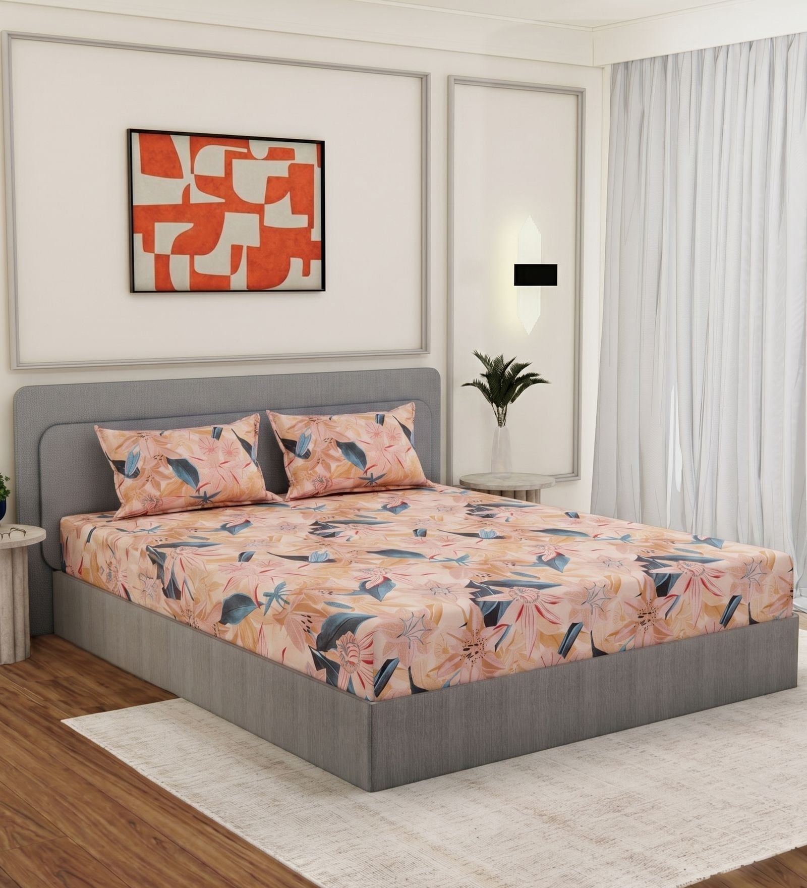 Blue Floral 144 TC Cotton King Sized Bedsheet With 2 Pillow Covers
