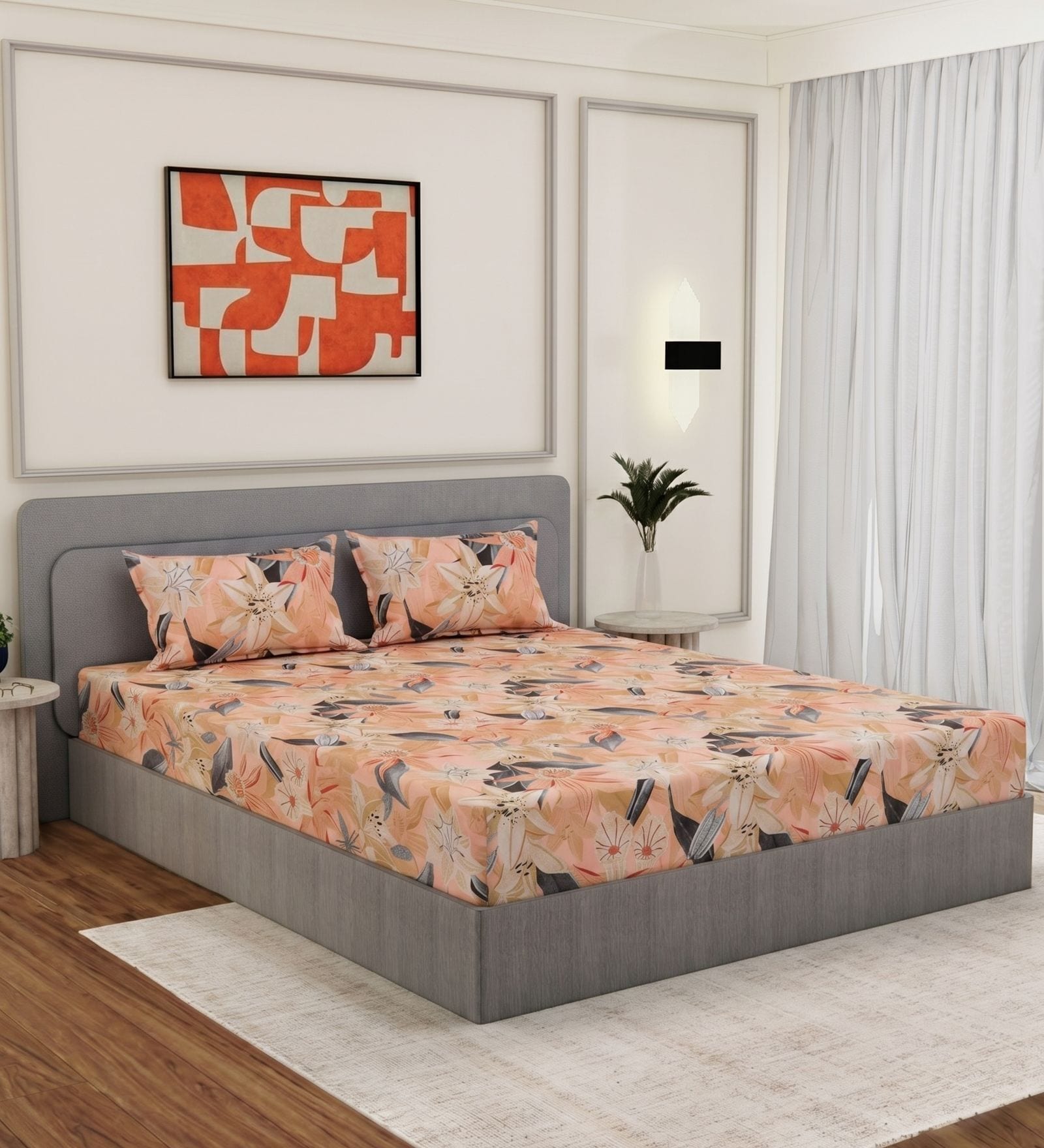 Peach Floral 144 TC Cotton King Sized Bedsheet With 2 Pillow Covers