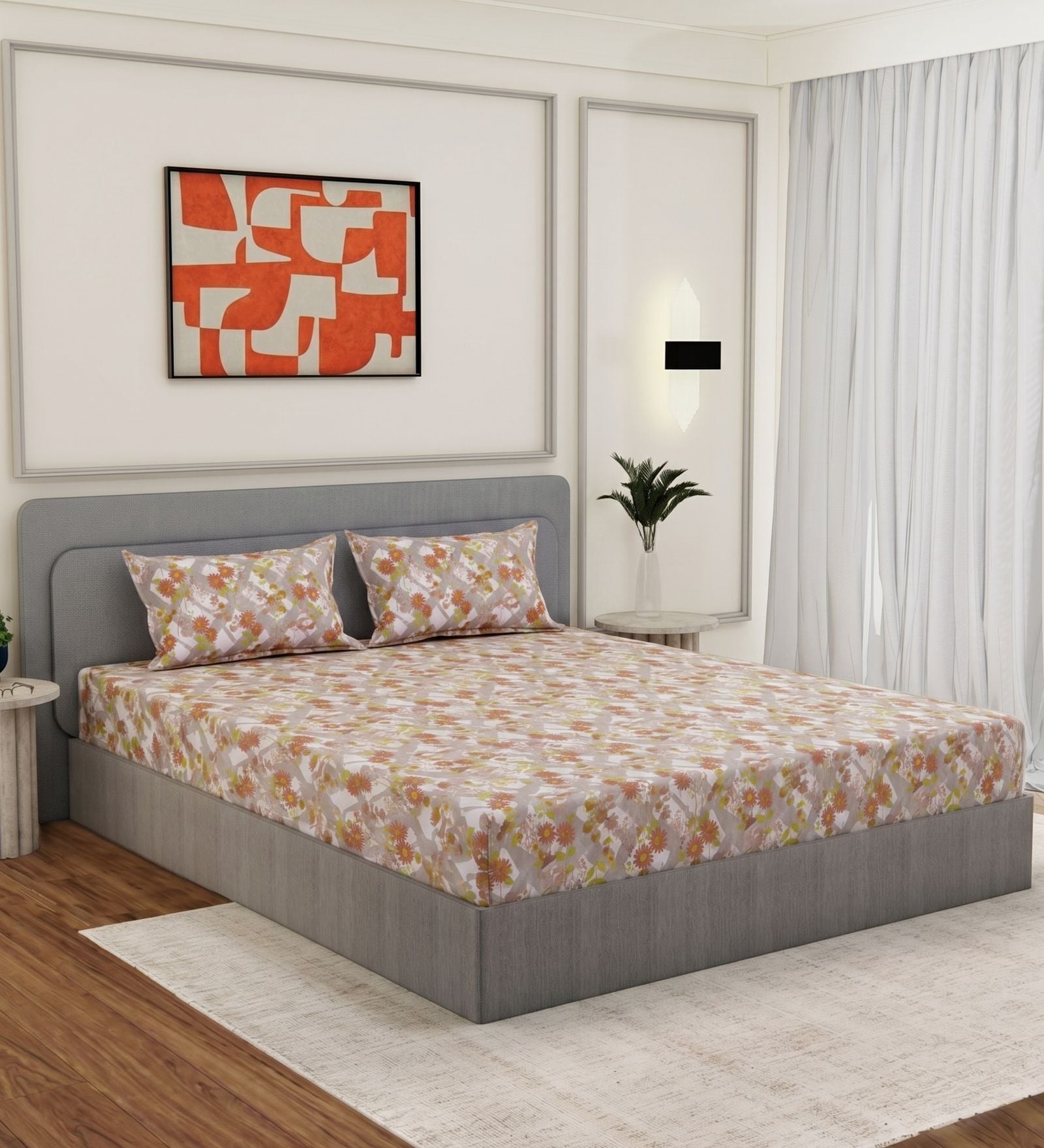 Red Vertical Floral 144 TC Cotton King Sized Bedsheet With 2 Pillow Covers