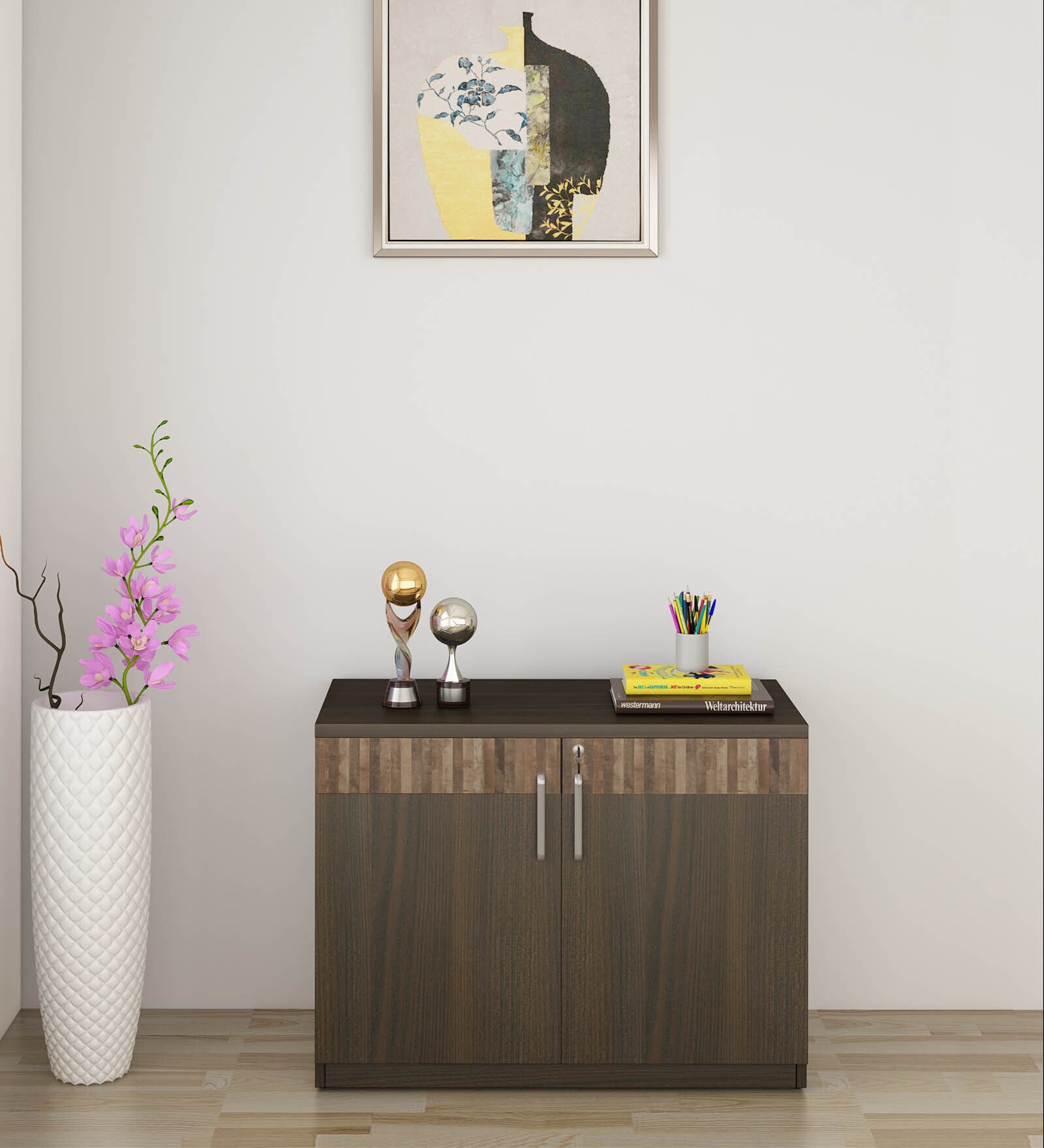 Prestige Low Height File Cabinet in Fumed Oak Finish with Lock