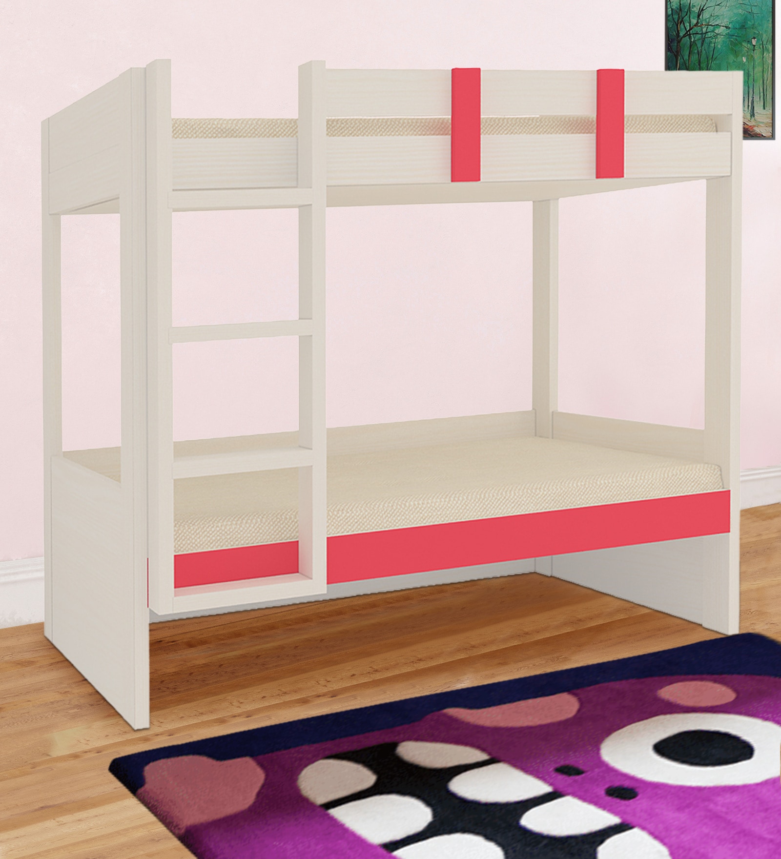 Primera Light Wood Twin Bunkbed Left Ladder in Strawberry Pink Colour