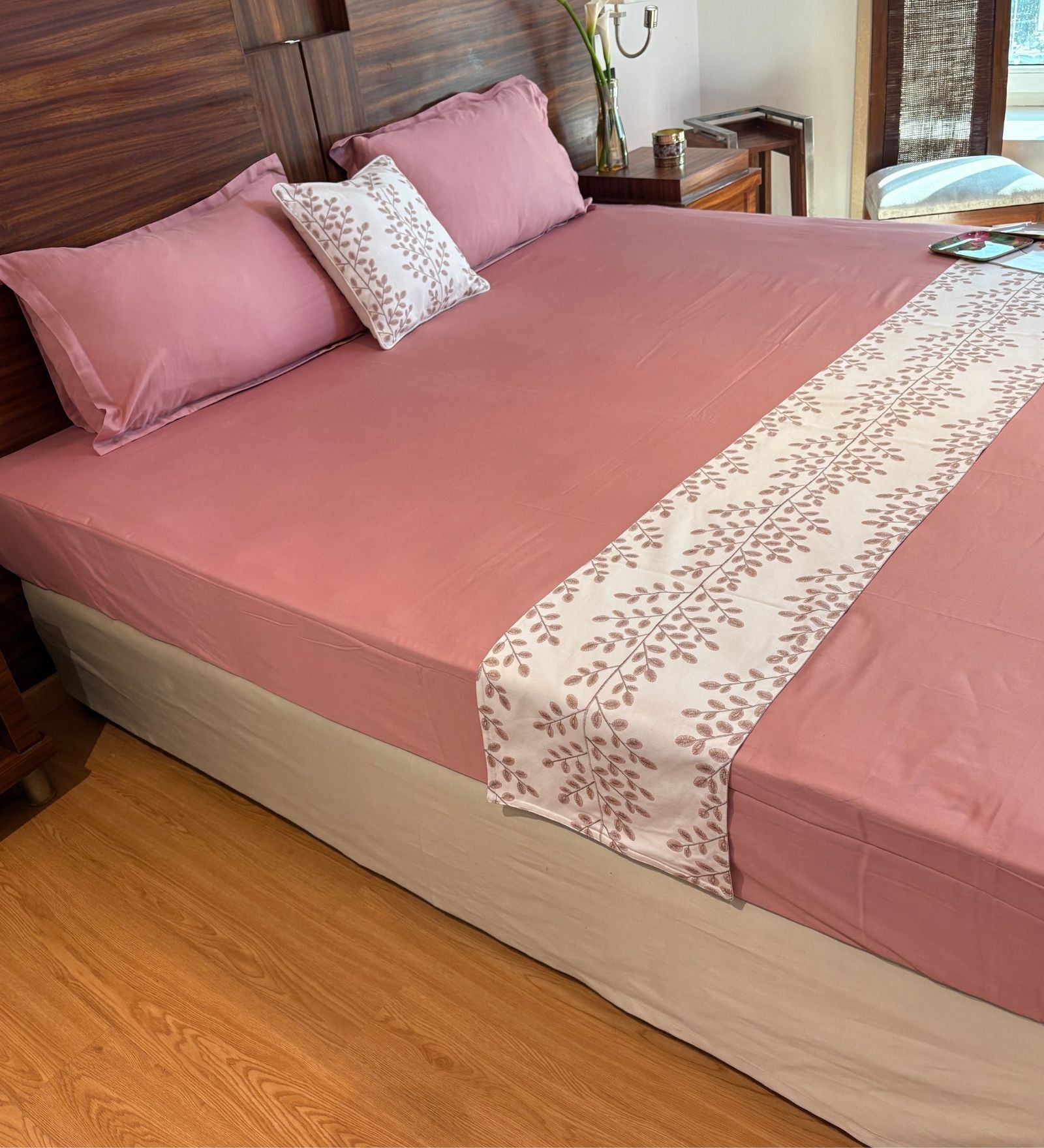 Primose Pink and White 100% Cotton 18x96 Inches Embroidered Floral Bed Runner