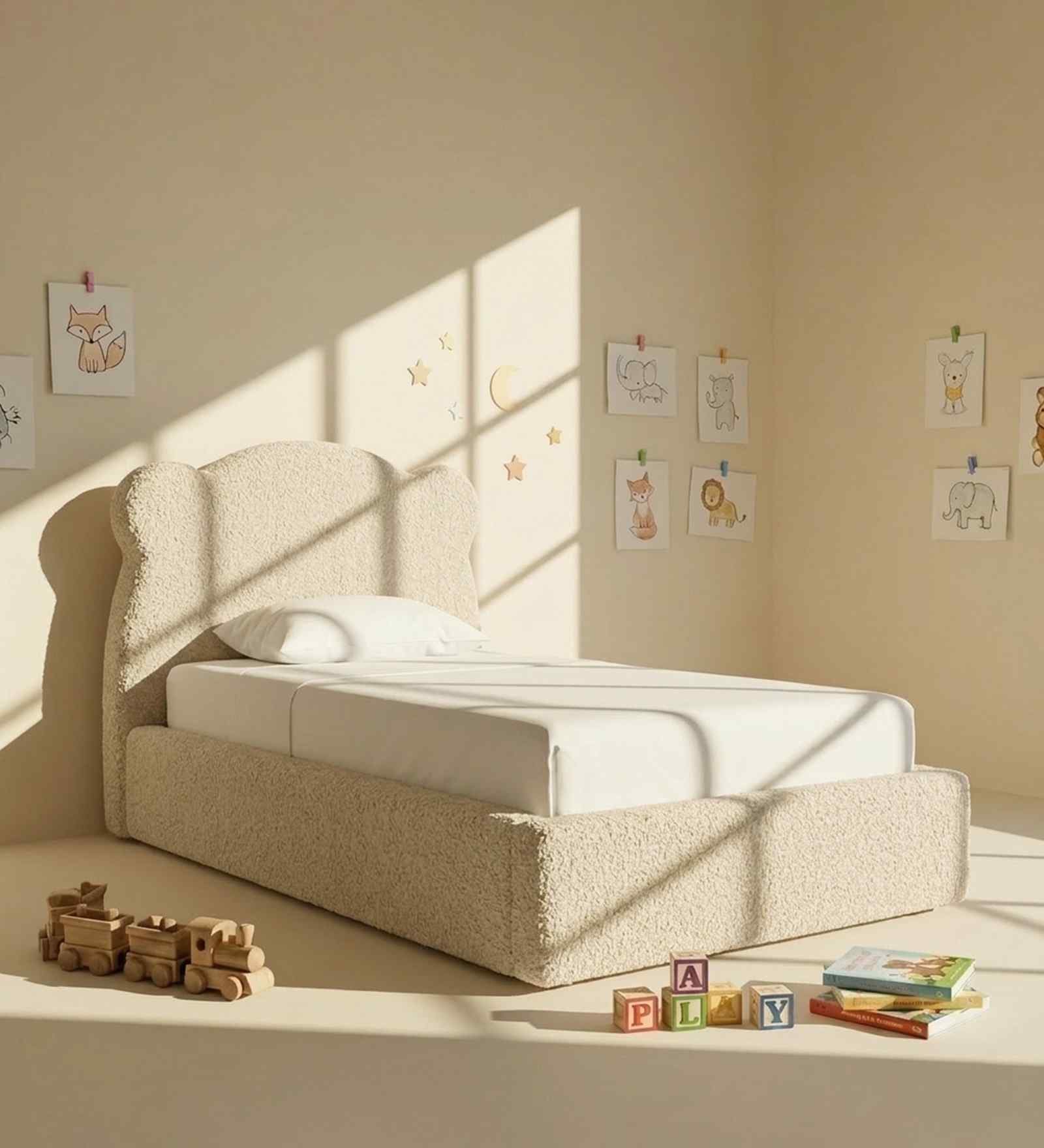 Princess Boucle Kids Twin Bed With Hydraulic Storage In Cream Colour