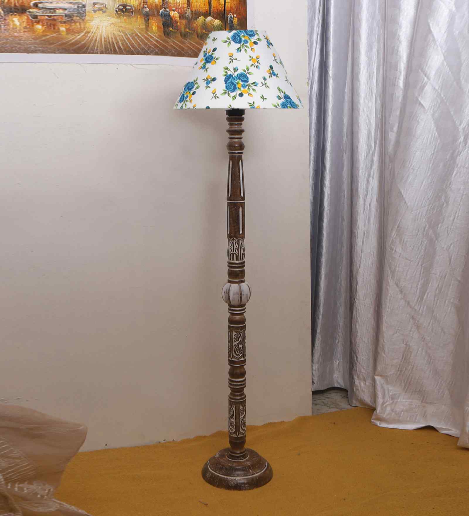 Printed Cotton Conical Wooden Floor Lamp