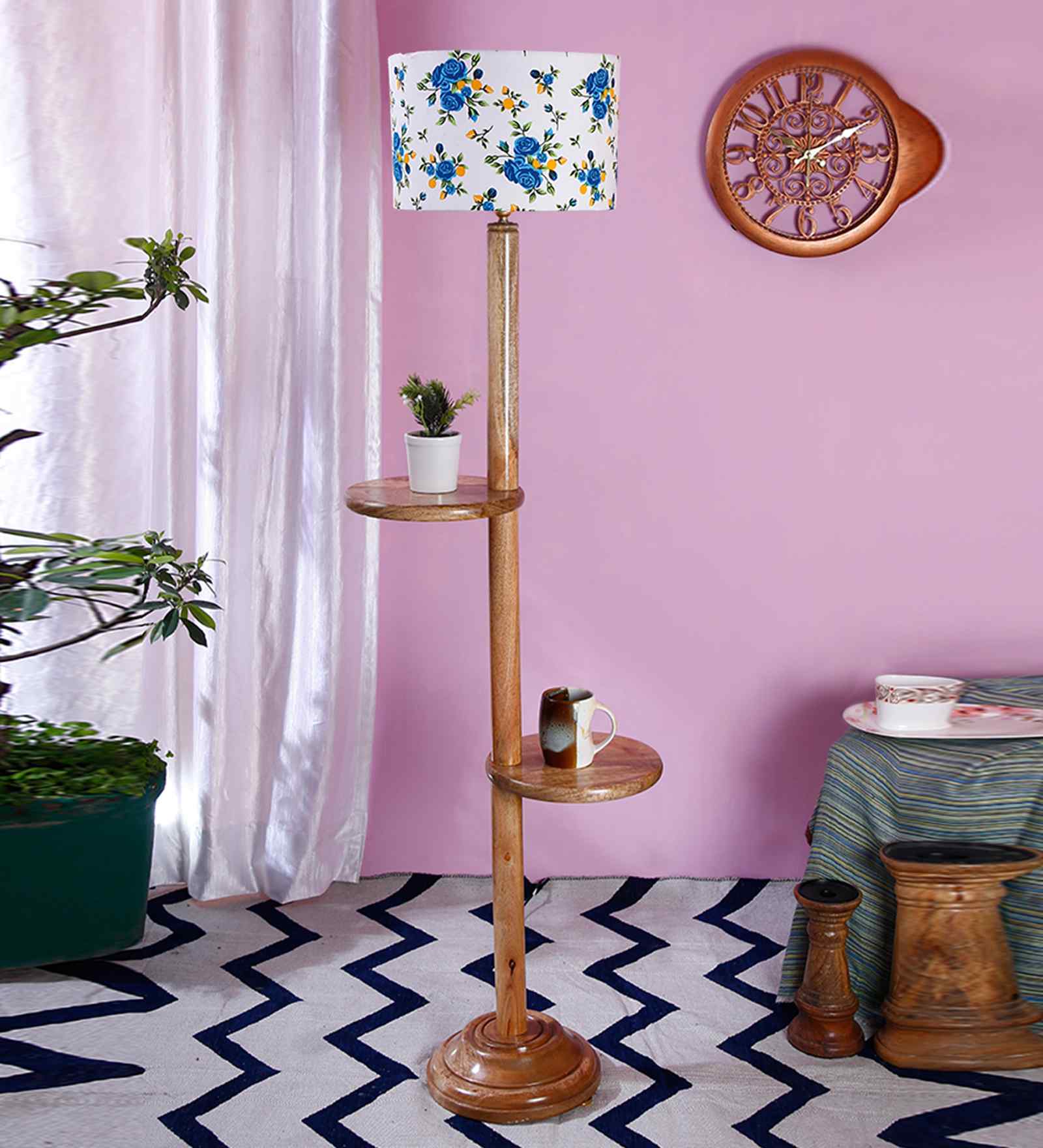 Printed Cotton Drum Wooden Floor Lamp