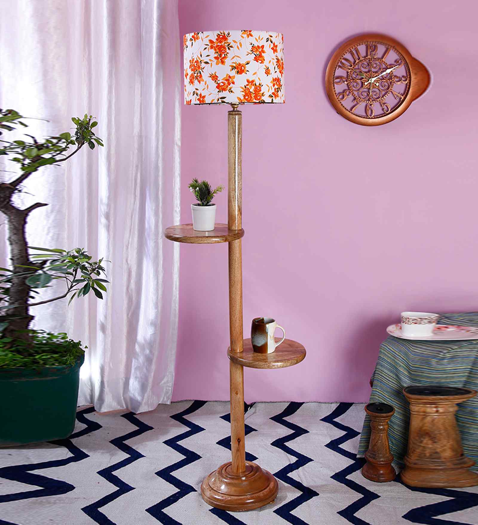 Printed Cotton Drum Wooden Floor Lamp