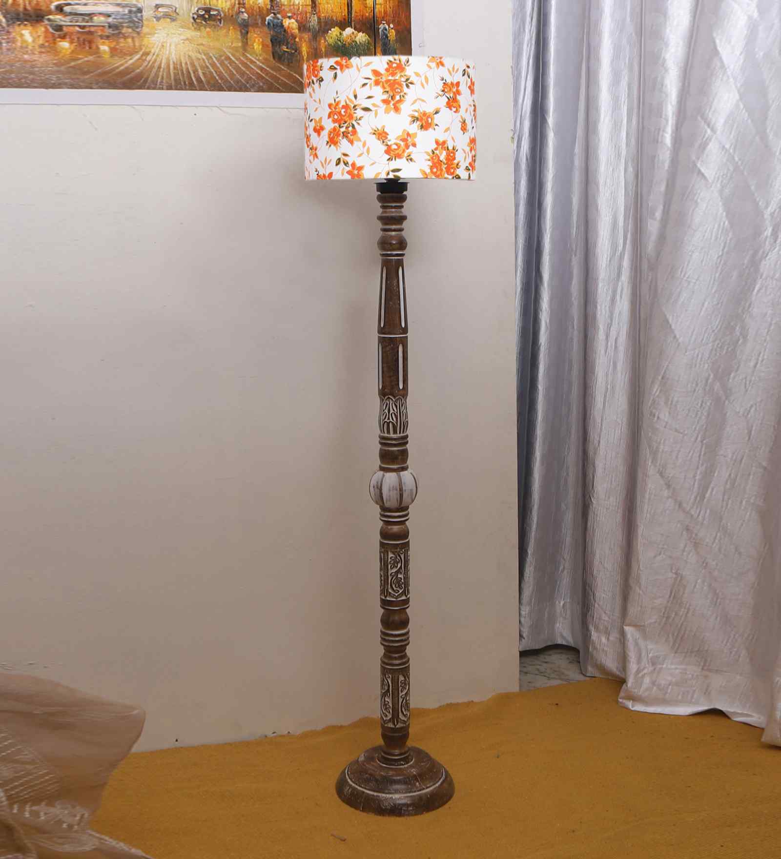 Printed Cotton Drum Wooden Floor Lamp