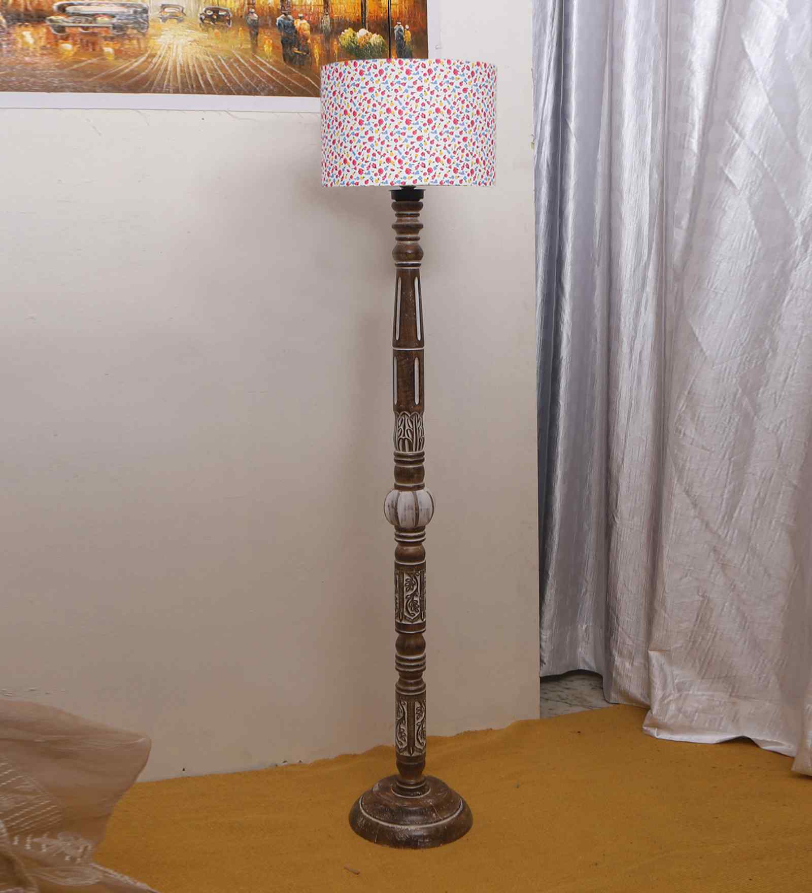 Printed Cotton Drum Wooden Floor Lamp