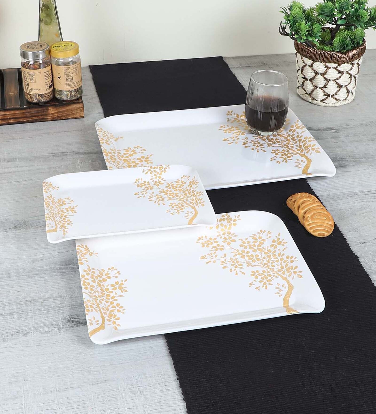 Floral- Printed White & Gold Melamine (Set of 3) Tray Set