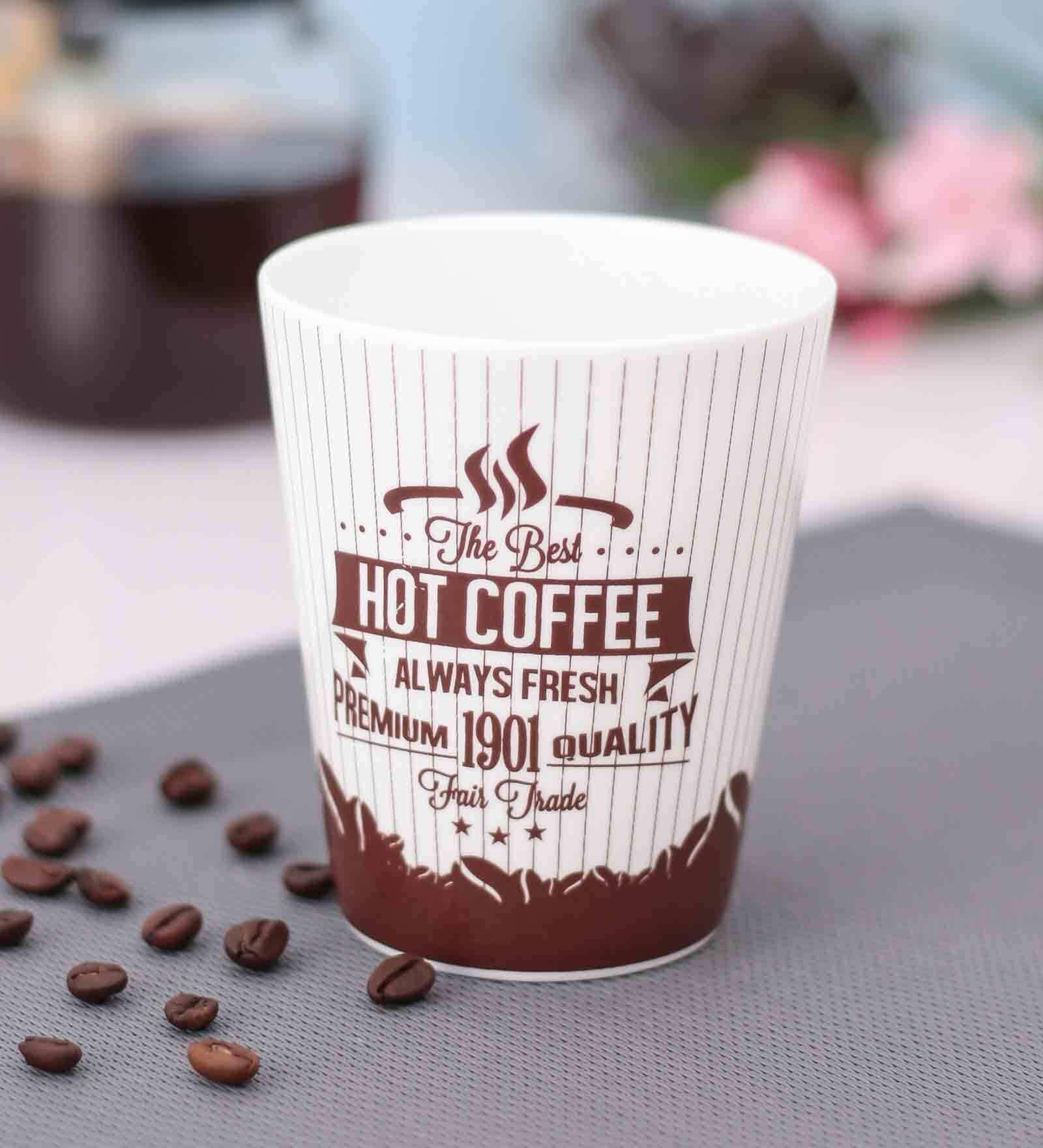 Happiness Quotes 320ml White & Brown (Set of 1) Ceramic Coffee Mug