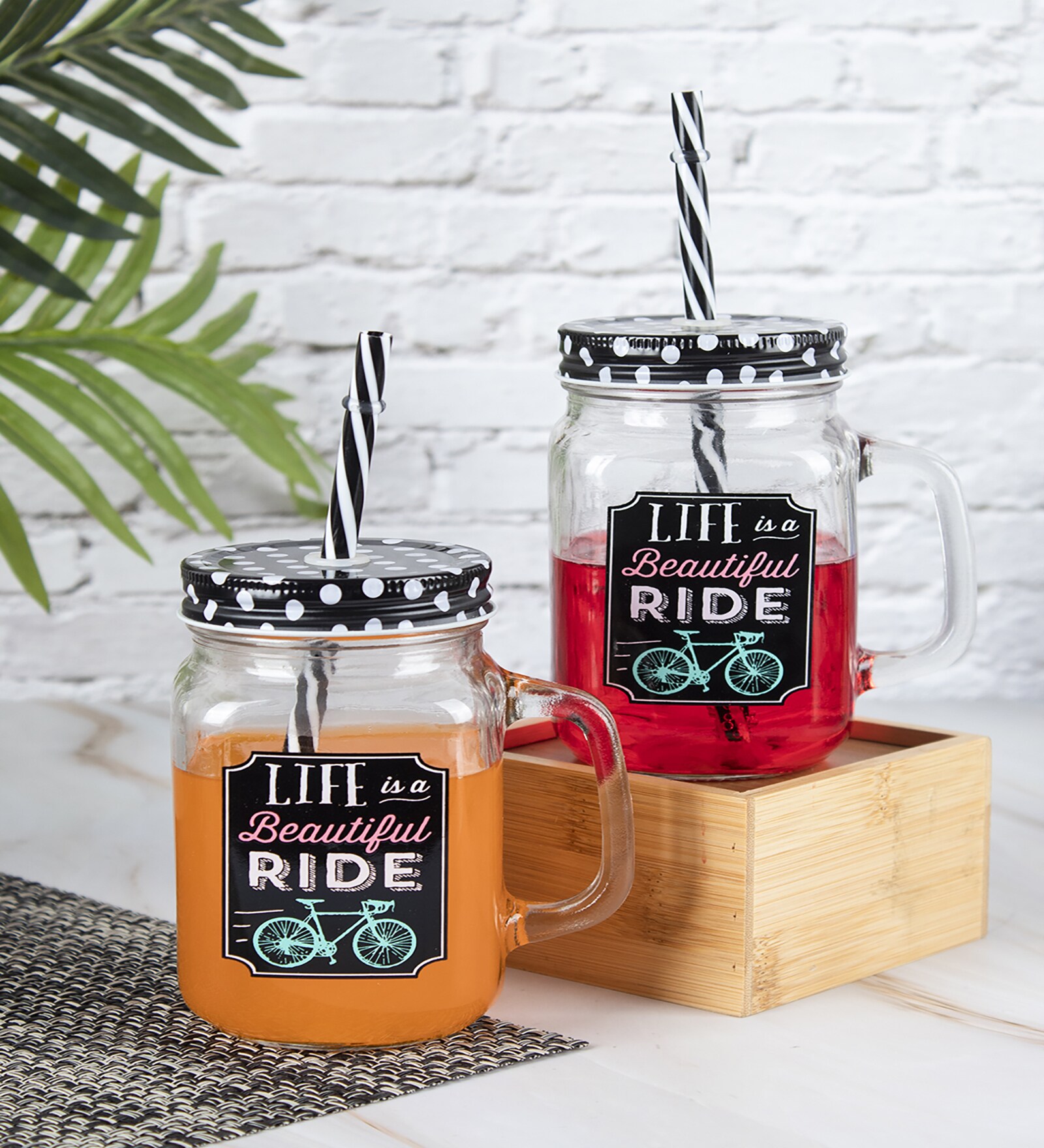 Printed Polka Dot 450 Ml Black Glass Set of 2 Mason Jar