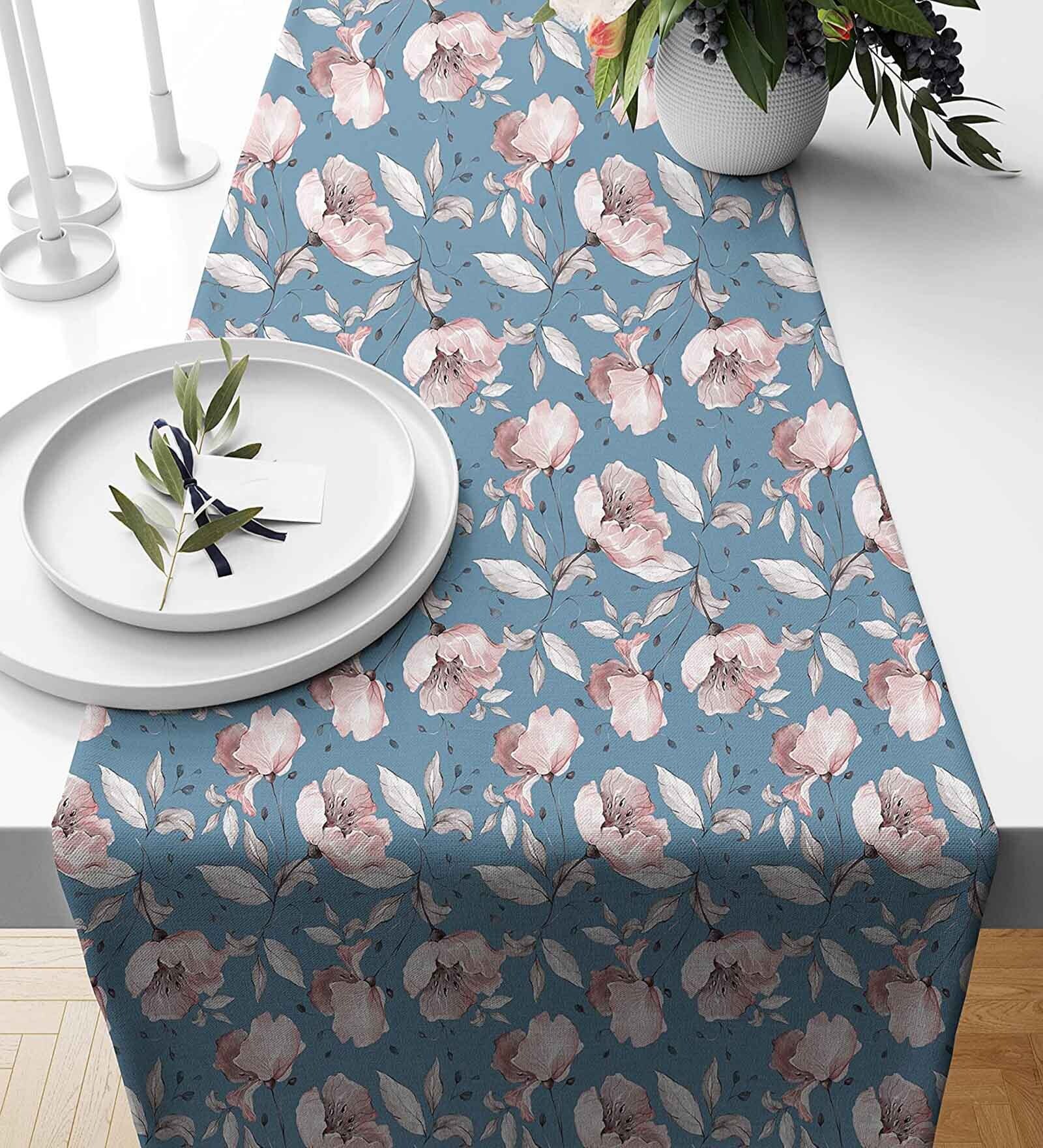 Blue Poly Cotton (13 x 72) Floral Printed Table Runner
