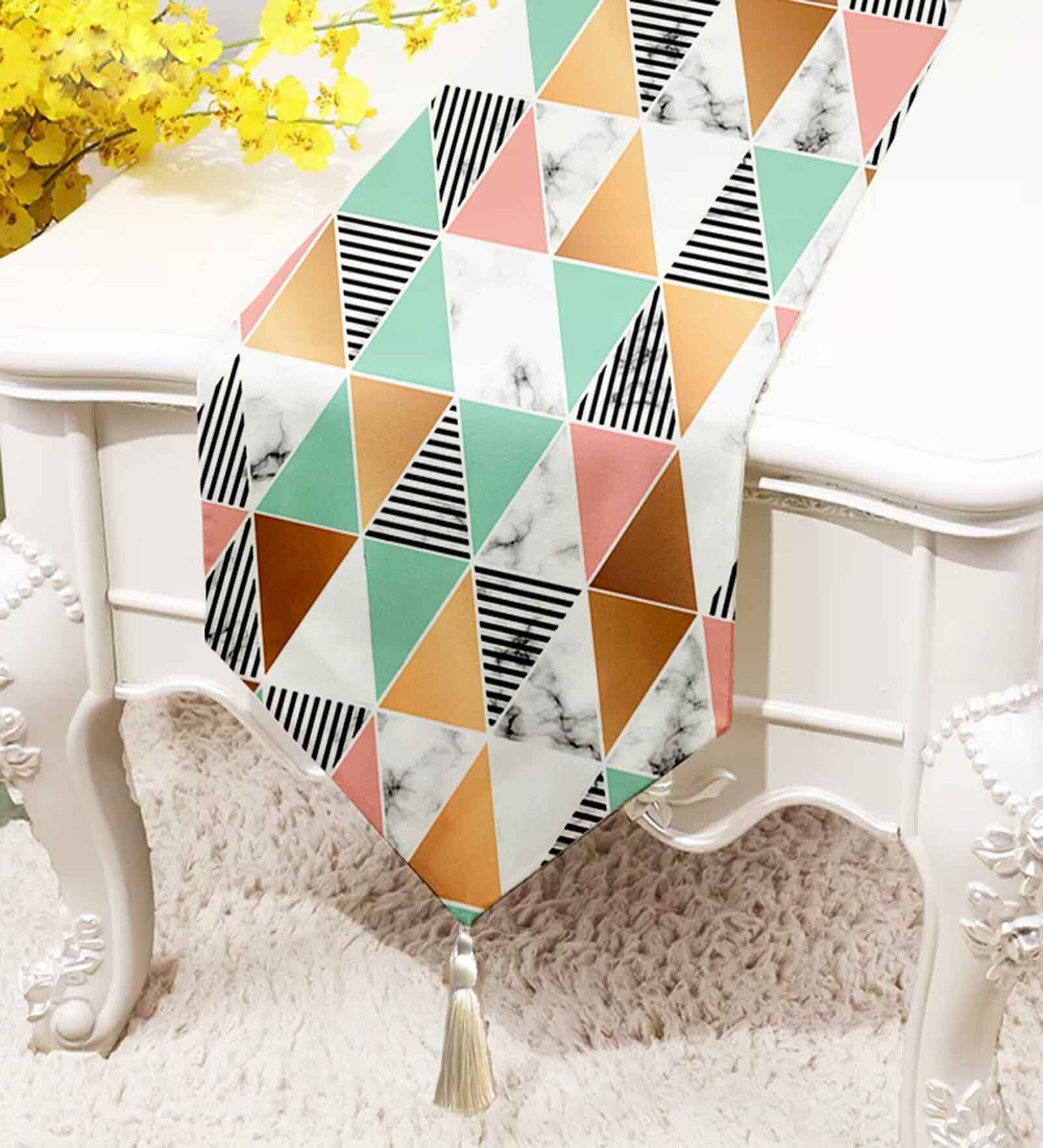 Multicolor Poly Cotton (13 x 60) Geometric Printed Tassle Table Runner