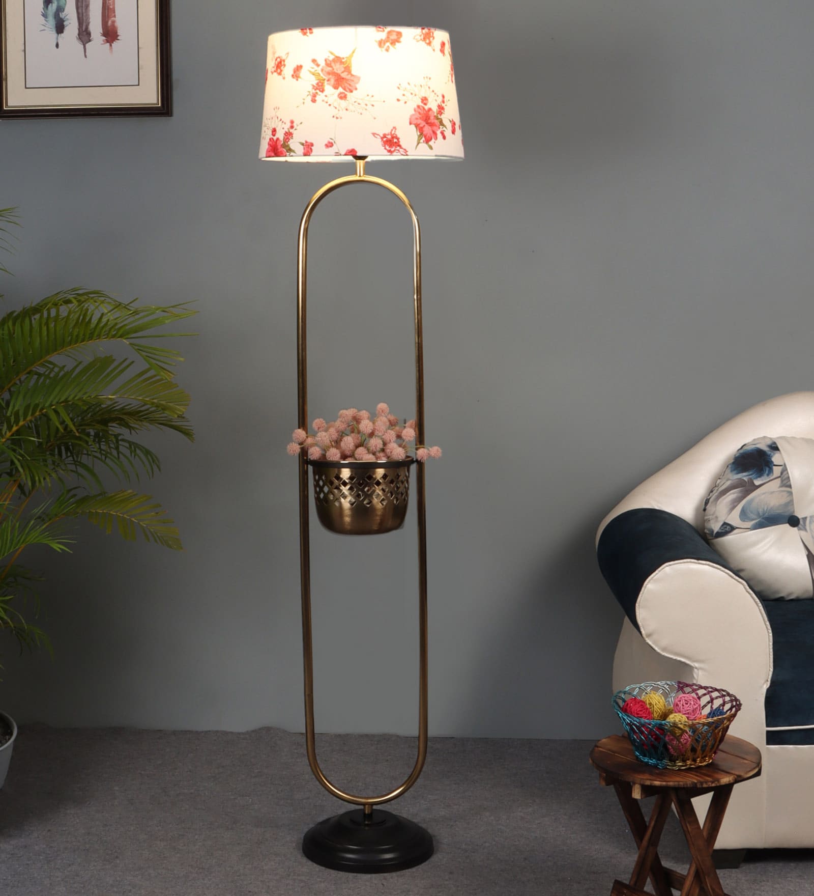 Lorelai Red Cloth Shade Shelf Floor Lamp With Iron Base