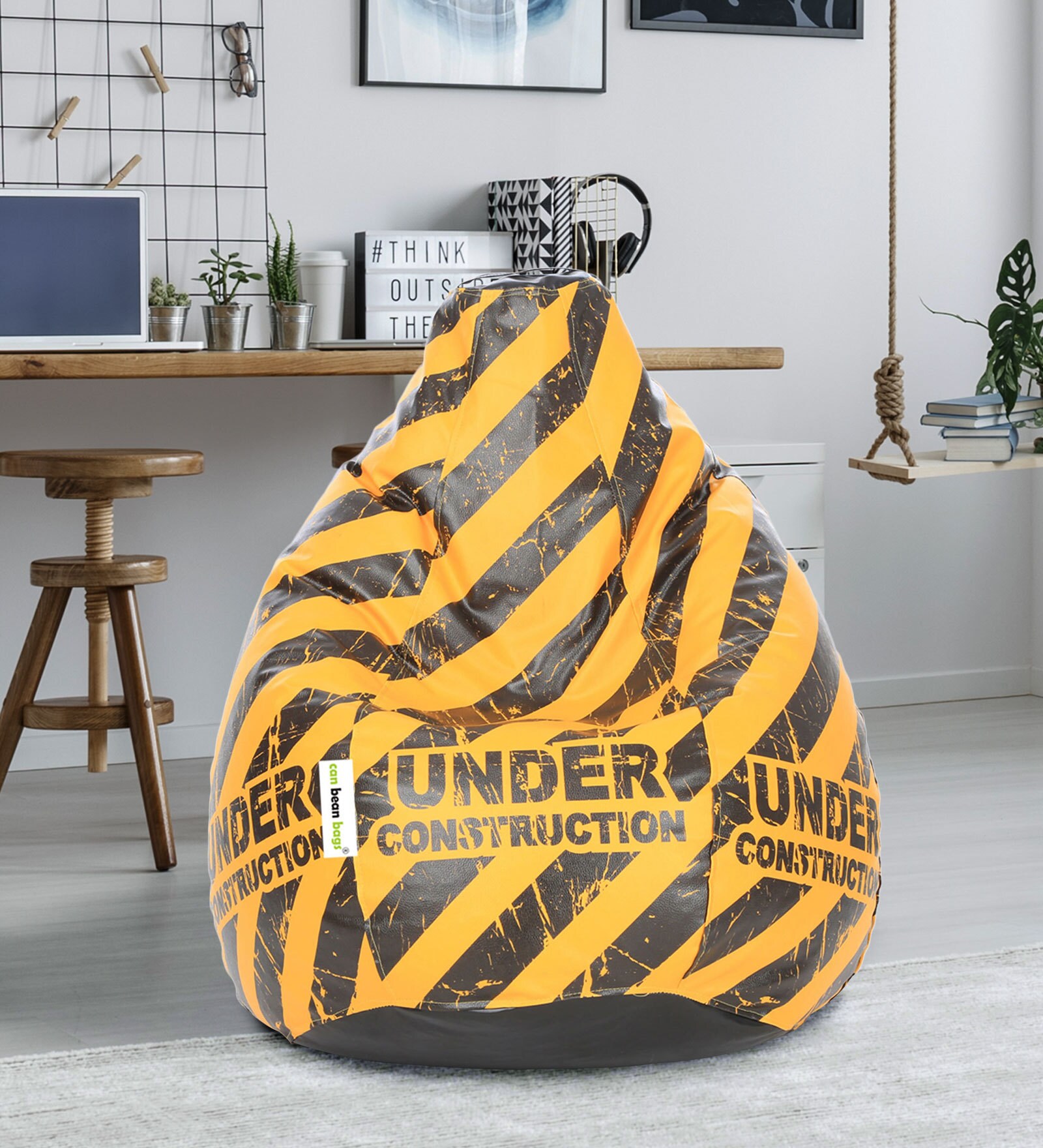 Buy Printed Under Construction Bean Bag with Beans in Multicolour by