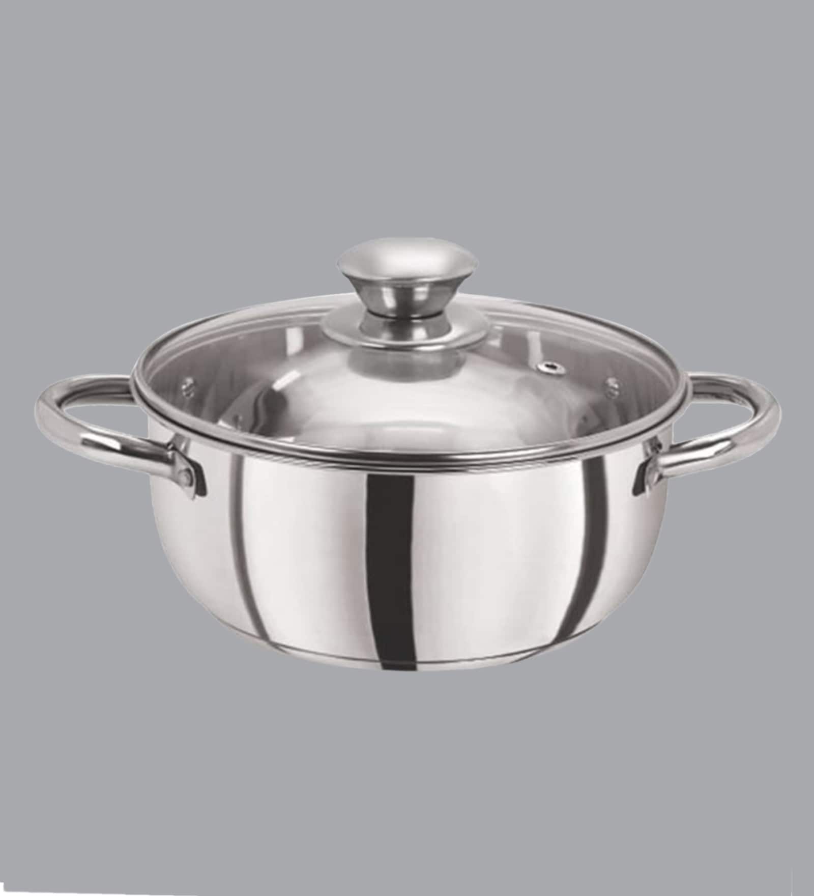 Silver 2.2 Ltrs Tri Ply Induction Base Stainless Steel Cook & Serve Casserole With Glass Lid