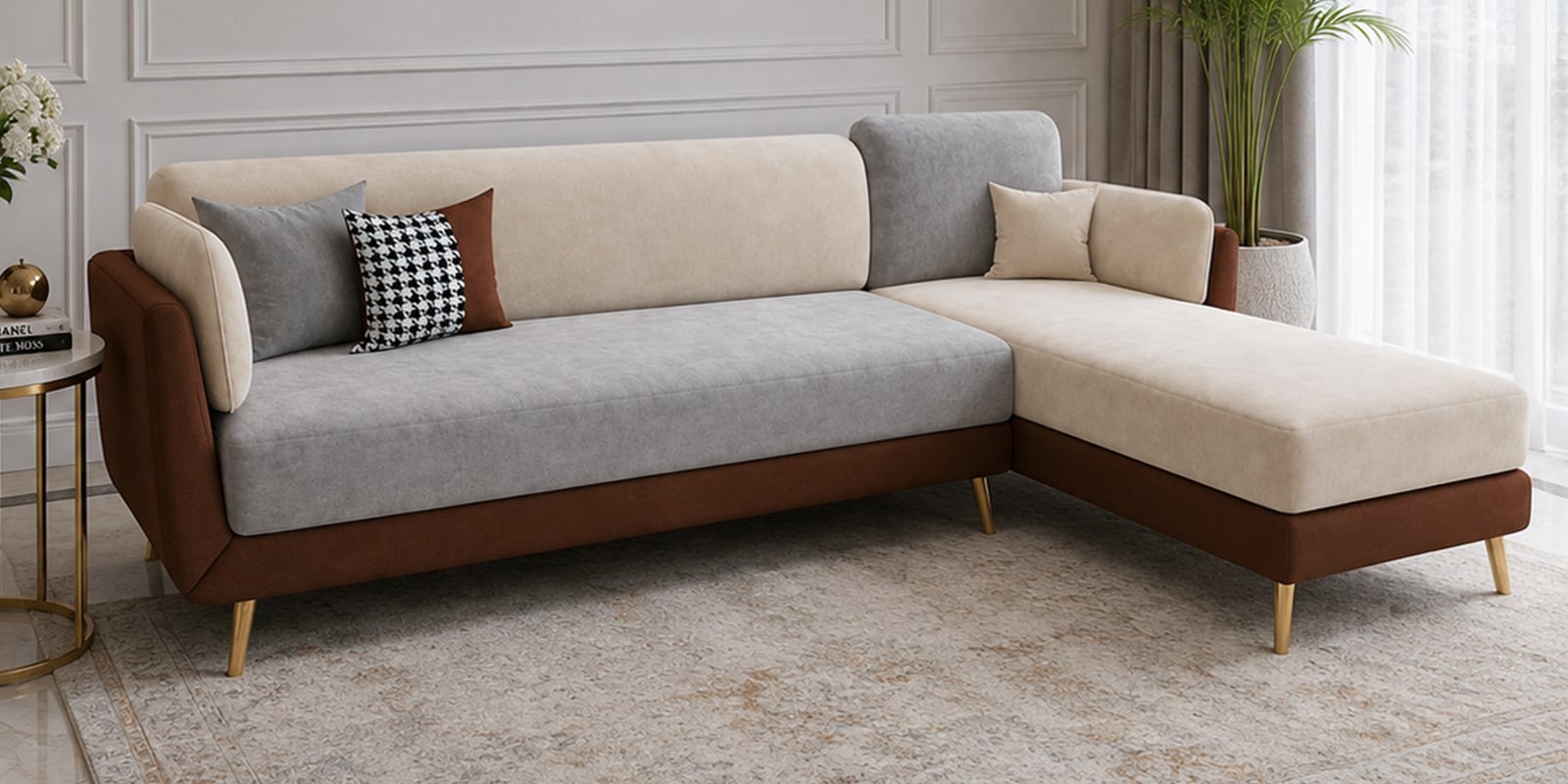 Premium Velvet LHS Sectional Sofa In Dual Colour With Sturdy Golden Legs
