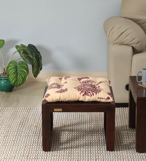 Prebuz Sheesham Wood Foot Stool In Scratch Resistant Walnut Finish With Floral Print