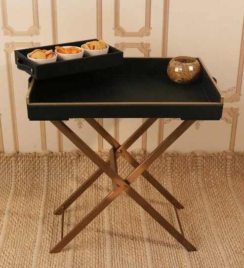 Black Foldable Leather Butler Tray Table & Serving Tray with Metal Stand