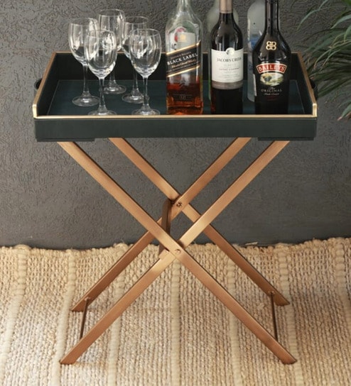 Precioso Leather Foldable End Table In Bottle Green Finish