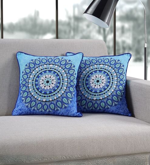 Premium 100% Cotton Blue Mandala Design Cushion Covers   Set of 2 (24 x 24 Inches)   Soft & Durable