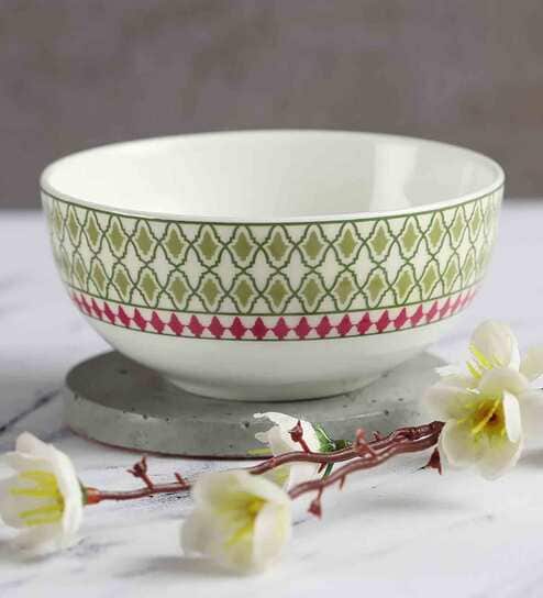 Premium 240ml White & Green Ceramic (Set of 6) Dinner Bowl