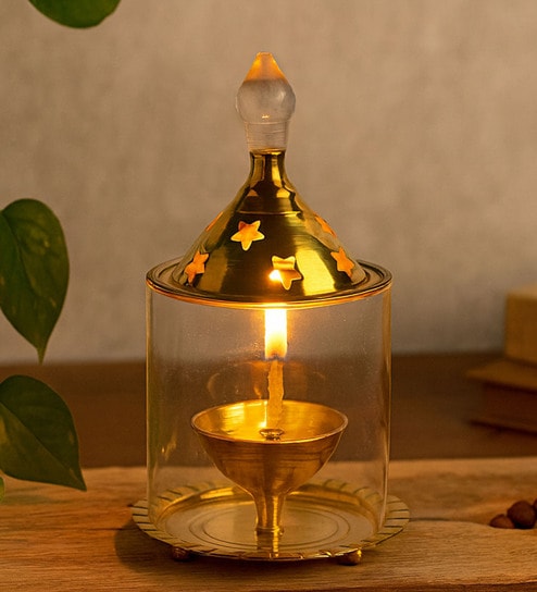 (1Pc) Gold Metal Akhand Jyot Diya