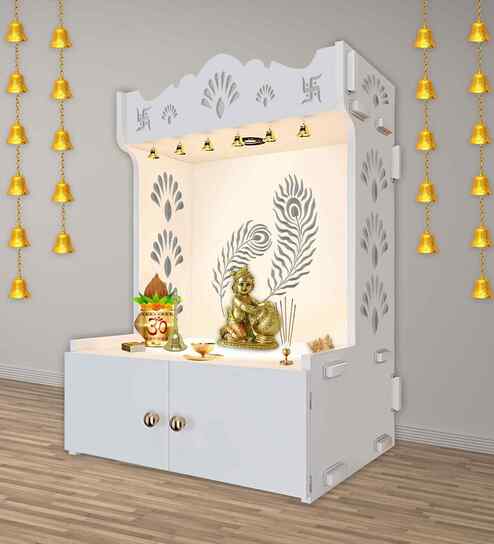 White Finish Art of Mor Pankh Floor Temple with Spacious Wooden Shelf & Inbuilt Focus Light