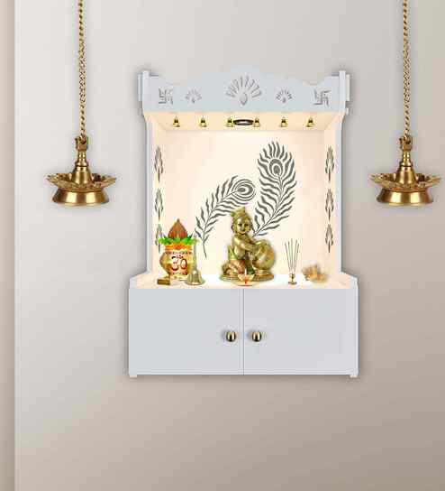 Premium Art of Mor Pankh White Wooden Temple for Home with Inbuilt Focus Light & Spacious Shelf