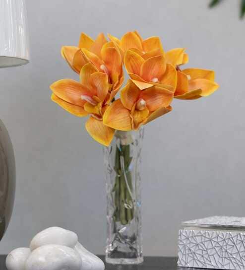 Premium Artificial Orchid Flower Bunch with 6 Flower Heads (Orange)