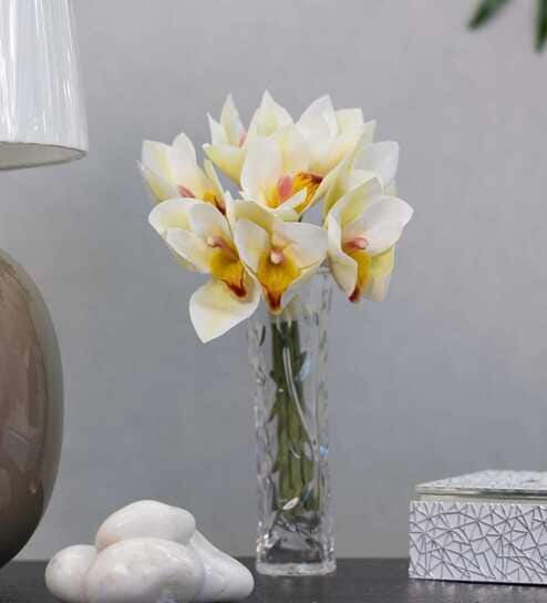 Premium Artificial Orchid Flower Bunch with 6 Flower Heads(White)