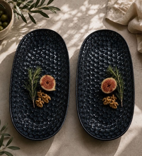 Black Ceramic Oval Appetizer Serving Plates (Set Of 2)