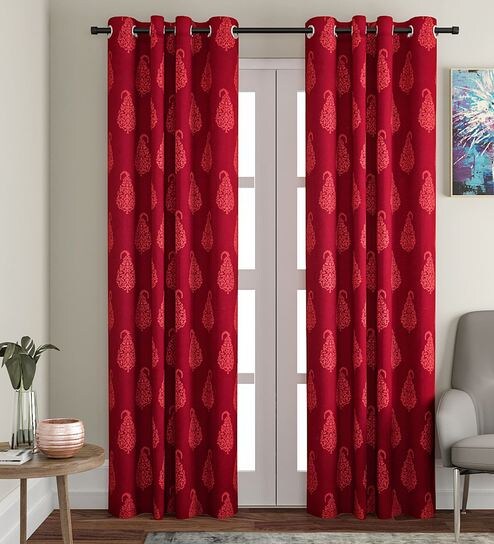 Buy Premium Cotton Paisley Design Maroon Color Eyelet Curtain Long
