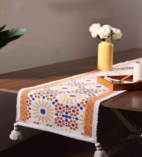 Premium Floral Woven Cotton Table Runner with Tassels
