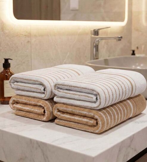 Beige And White 100% Cotton 400 Gsm Hand Towels Pack Of 4