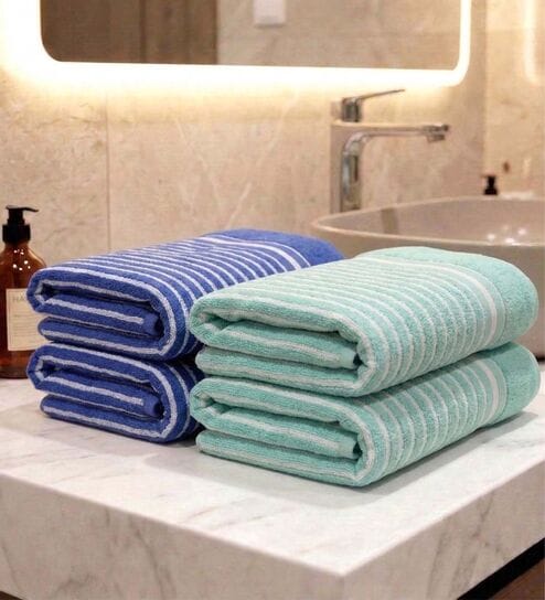Blue & Sea Green 100% Cotton 400 Gsm Hand Towels Pack Of 4