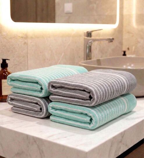 Grey And Sea Green Grey 100% Cotton 400 Gsm Hand Towels Pack Of 4