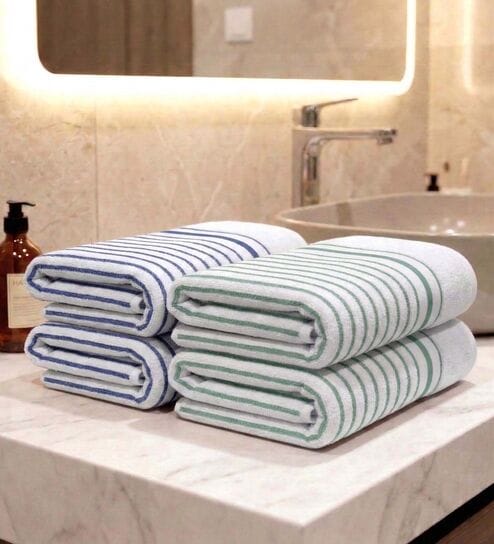 White With Blue & Sea Green Stripes 100% Cotton 400 Gsm Hand Towels Pack Of 4