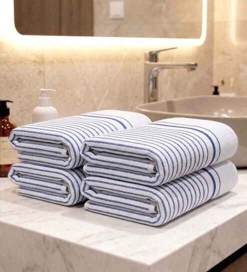 White With Blue Stripes 100% Cotton 400 Gsm Hand Towels Pack Of 4