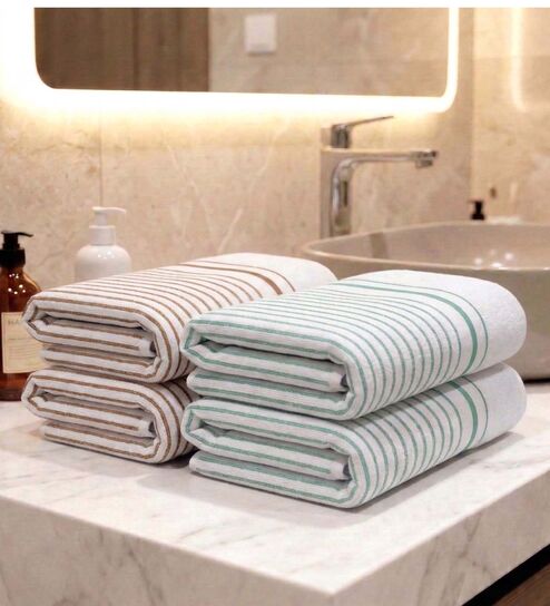 White With Brown & Sea Green Stripes 100% Cotton 400 Gsm Hand Towels Pack Of 4