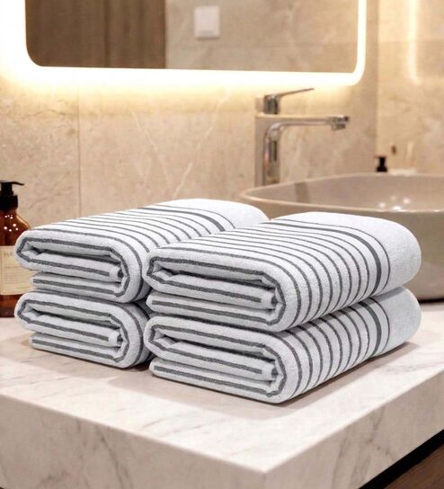 White With Grey Stripes 100% Cotton 400 Gsm Hand Towels Pack Of 4
