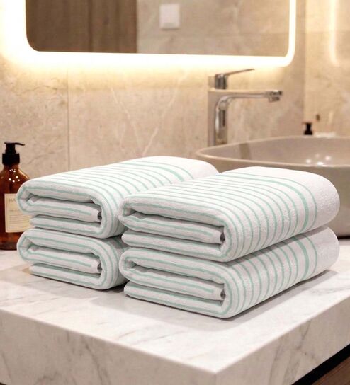 White With Sea Green 100% Cotton 400 Gsm Hand Towels Pack Of 4
