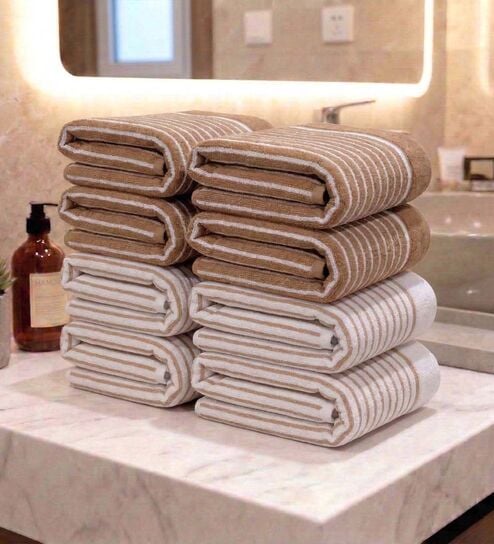 Beige & White With Brown Stripes 100% Cotton 400 Gsm Hand Towels Pack Of 8
