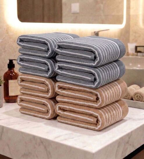 Beige & Grey 100% Cotton 400 Gsm Hand Towels Pack Of 8
