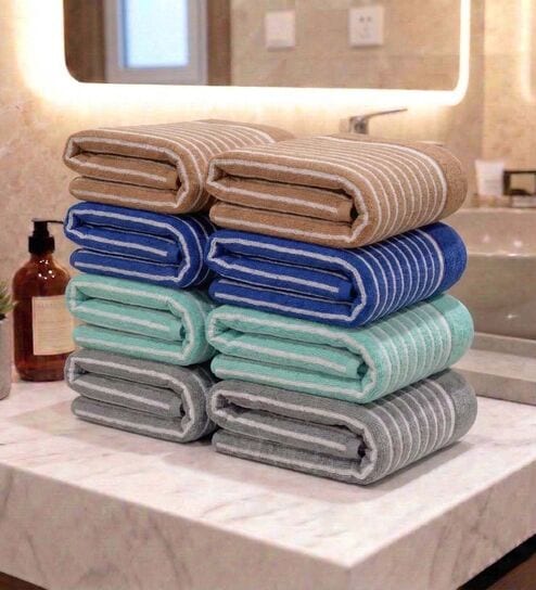 Beige, Blue, Sea Green, Grey 100% Cotton 400 Gsm Hand Towels Pack Of 8