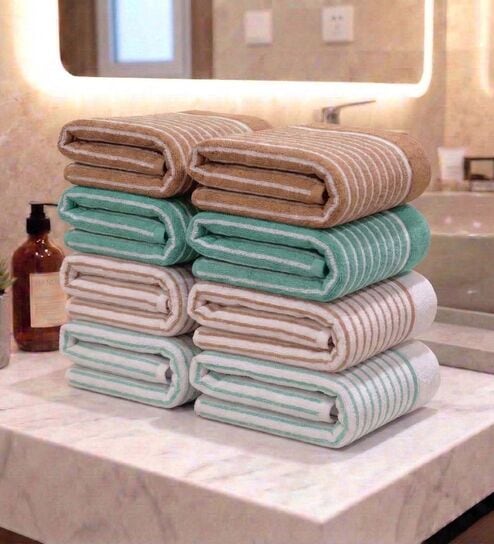 Beige, Sea Green And White 100% Cotton 400 Gsm Hand Towels Pack Of 8